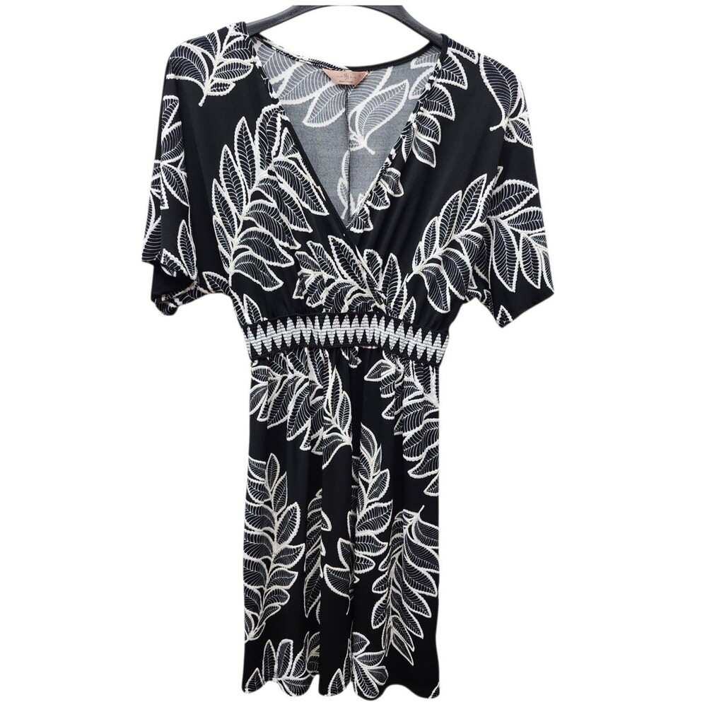 SJS Midi Dress Black White Palm Womens Small Smocked Waist Dolman Sleeves Boho